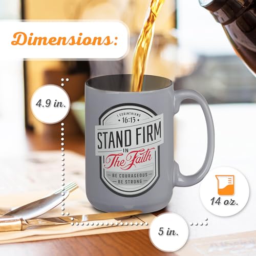Christian Art Gifts Large Ceramic Inspirational Scripture Coffee & Tea Mug for Men & Women: Stand Firm Encouraging Bible Verse, Microwave & Dishwasher Safe Non-toxic Hot/Cold Cup, Gray & Black, 14 oz. - color: Gray/Stand Firm