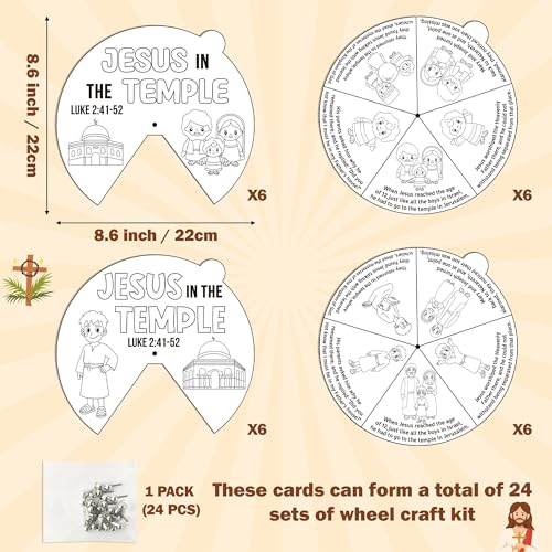 COcnny Easer Religious Coloring Craft- 24 Sets Color Your Own Christian Art Craft DIY Spining Cards for Kids, Jesus in the Temple Paper Craft Art for Sunday School Home Class Bible VBS Activities - style: Jesus in The Temple