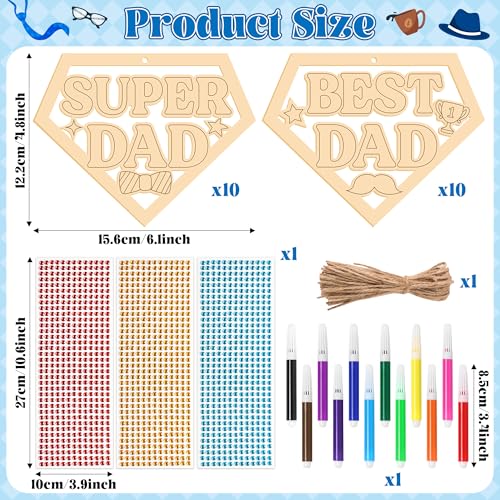 BeYumi Fathers Wooden Ornament Craft - 20Pcs Father's Day Wooden Craft for Kids Super DAD Ornaments Diamond-Shaped with Gem Stickers DIY Best DAD Kit Make Your Own Art Gifts School Classroom Home - style: Super Dad
