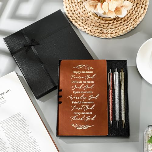 Spakon 5 Pcs Christian Gifts for Women Church Gifts Scripture Prayer Journal Religious for Women God Notebook Pen with Gift Box Scripture Notepad Bible Study Group Favors - color: Brown, style: Happy Moment