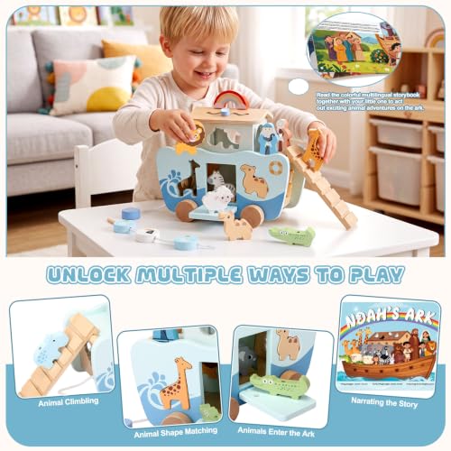 Hoarosall 27PCS Wooden Noah's Ark Montessori Toys for 1 Year Old Baby Boys Girls Christian Toys for Toddlers 1-3 Ideal Baptism Christmas & 1st Birthday Gifts - color: Blue
