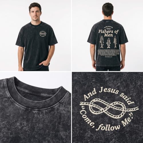 Christian Fishers of Men Shirt for Women Men Jesus Religious Oversized Graphic Tees Acid Wash Bible Verse Faith God T-Shirt - color: Black, size: Small