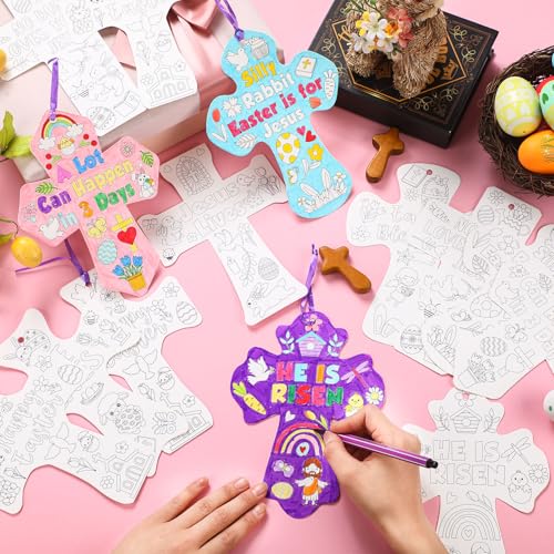 Dunzoom 48 Pcs Religious Easter Crafts for Kids Color Your Own Christian Cross Ornaments DIY Coloring Set He is Risen Jesus Party Favors for Sunday School Church VBS Activities & Basket Stuffers - style: Easter