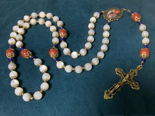 Soul Redeemer handmade vintage mother of pearl beads + Red Agate beads catholic rosary necklace crucifix cross gift