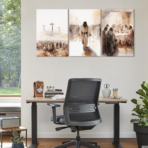 Set of 3 Framed Canvas Wall Art Jesus Crosses & The Last Supper Religious Artworks Christian style Wall Decor Paintings HD Print Posters for Bedroom, Living Room and Church 12x16inch - color: Jesus03, size: 16L" x 12W"
