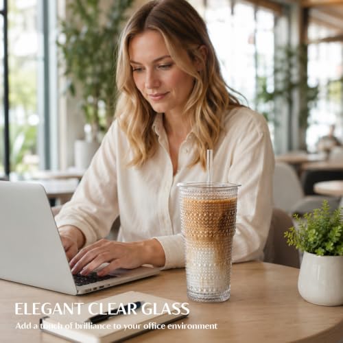 INSETLAN 20 oz Hobnail Glass Cups with Lids and Glass Straws – 4 Pieces, Thick-Walled Glass Tumblers for Iced Coffee, Smoothies, Milk, Water, Juice, and More – Elegant and Durable Drinking Glasses - size: 4 Pcs