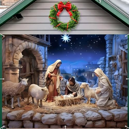 Nativity Christmas Garage Door Cover Decorations Banner Backdrop,Birth of Jesus Garage Door Cover Banner,Xmas Holy Night Scene Large Hanging 7x8ft Single Outdoor Holiday Decorations - size: 7x8ft/ WxH