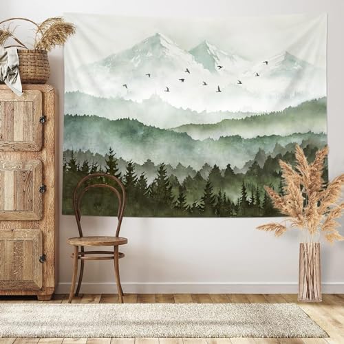 kampdream Mountain Forest Tapestry, Misty Foggy Watercolor Scenery Art Wall Tapestries, Nature Scenery Tapestry for Bedroom Living Room Backdrop Teal Blue 36x48 inch - color: Green forest1, size: 48"L x 36"W