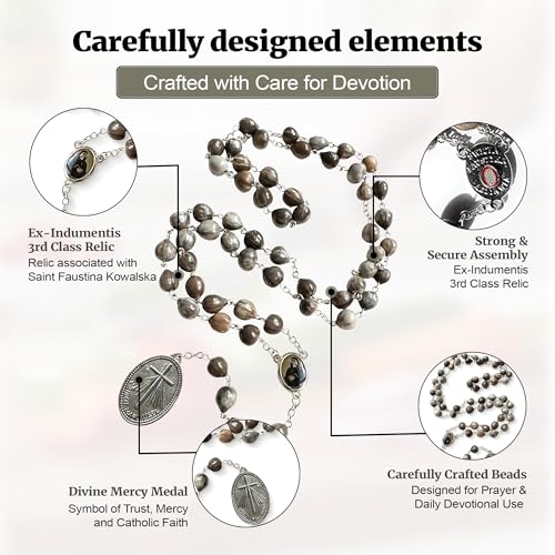 SANCTUM VERITAS Saint Faustina Kowalska True Relic Chaplet Apostle Divine of Mercy Miraculous Medal Jesus I Trust in You Chaplet Three O' Clock Prayer Poland Polish Novena - color: Grey Seed