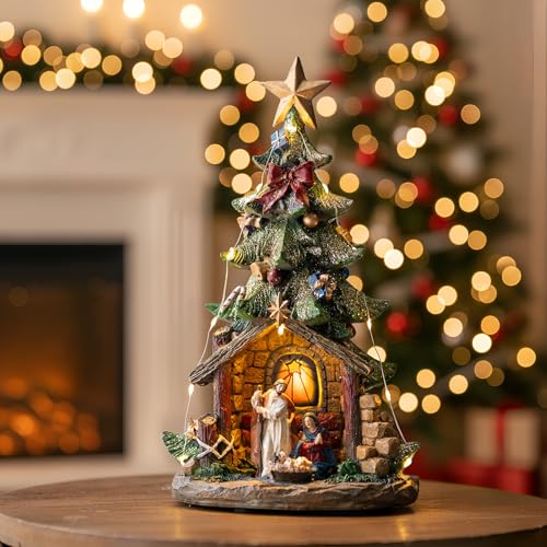 Candieslife Musical Christmas Tree Nativity Scene with Figurines LED Light, Christmas Holy Family Nativity Scene for Xmas Decor Gift, Tabletop Decorative Home Christmas Ornaments - color: Holy Family