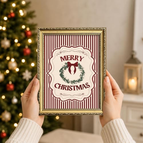 Vintage Gold Framed Merry Christmas Wall Art, Red Striped Holiday Wreath Canvas Print, Rustic Bow Botanical Poster for Living Room Bedroom Entryway Farmhouse Decor 8x10 Inch - color: A-Christmas, size: 10"L x 8"W