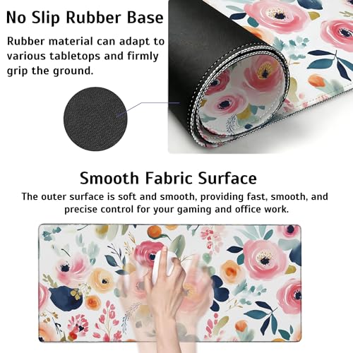 Large Gaming Mouse Pad Watercolor Floral Desk Mat,Non-Slip Rubber Base Stitched Edges,Extended Mousepad for PC,Laptop,Office,Home Decor(31.5 x 11.8 Inch) - color: Watercolor Floral, size: 31.5L x 11.8W inches