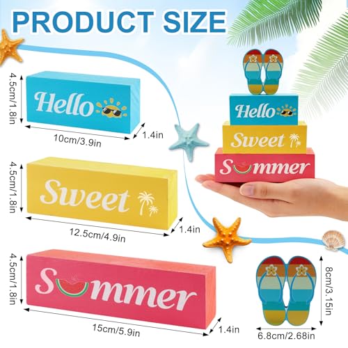 4 Pcs Hello Sweet Summer Wooden Block Sign Flip Flops Table Centerpiece Summer Tiered Tray Decor Farmhouse Table Sign Beach Decor for Home Office Desk Shelf Mantel - style: Flip