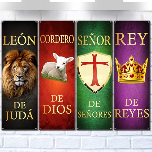 4 Pcs Spanish Church Banners Spanish Sanctuary Banner Church Backdrop Banners with Scripture León De Judá Cordero Dios Señor De Los Señores Banner Religious Hanging Signs - size: 2 x 6 ft, style: Spanish
