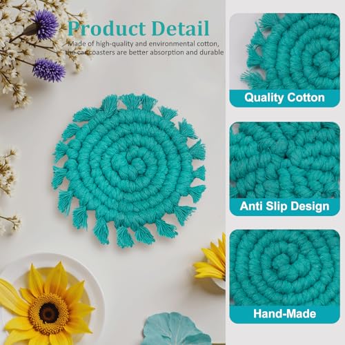 Cotton Car Coasters for Cup Holders, 2 Pack Macrame Boho Car Cup Holders Insert Coasters for Car Interior Accessories for Women and Man-Teal Blue - color: Teal Blue
