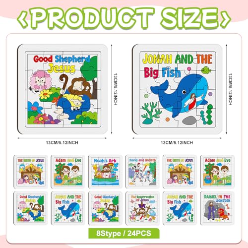 Cinrobiye 24 PCS Bible Story Jigsaw Puzzle Craft Kit, Christian Bible Activity Puzzles for Sunday School, Church Activities, Bible Study, Religious Education and Group Activities - color: Religious