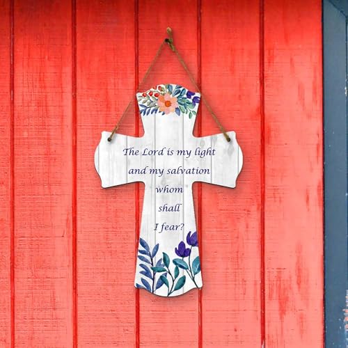 The Lord is my light and my salvation—whom shall I fear? Cross Hanging Sign | Rustic Twine | Inspiring Religious Bible Decor - color: The Lord is My Light
