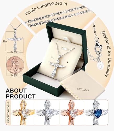 Lovans Cross Necklace for Women 925 Sterling Silver Angel Wings Pendant - color: White Gold+White CZ, size: 22"+2"