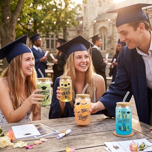 Glass Cups with Lids and Straws, 4Pack, 16oz, Graduation - color: Graduation