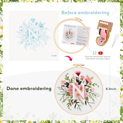 Zerzsy 7.87 '' Embroidery Kits Plant Flower Leaf English Letter Patterns for Beginners Adults, Easy to Learn Cross Stitch Kit for Home Office Decor - color: Letter N