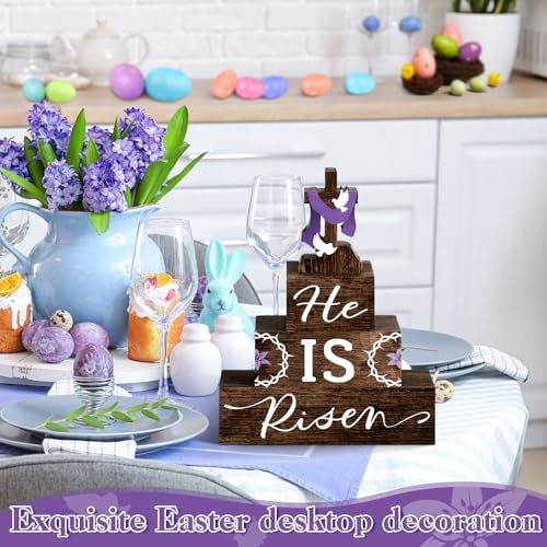 4 Pcs Easter Table Decorations He Is Risen Wooden Table Sign Religious Wood Centerpiece Easter Cross Blocks Farmhouse Tiered Tray Decor for Home Kitchen Shelf Decor (Religious) - style: Religious