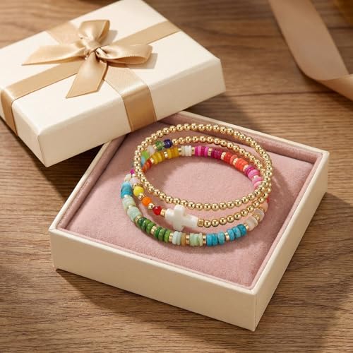 Gold Pearl Beaded Cross Bracelets Stack Set for Women, Boho Handmade Colorful Small Beads Stretchable Jewelry Friendship Summer Trendy Gift. - color: Rainbow Gold White