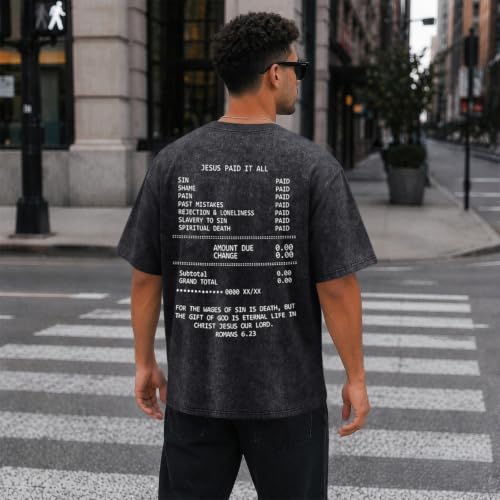 Christian Faith God Shirts for Men Jesus Bible Verse Acid Wash Shirt Oversized Religious Tshirts Vintage Graphic Tees - color: Black, size: XX-Large