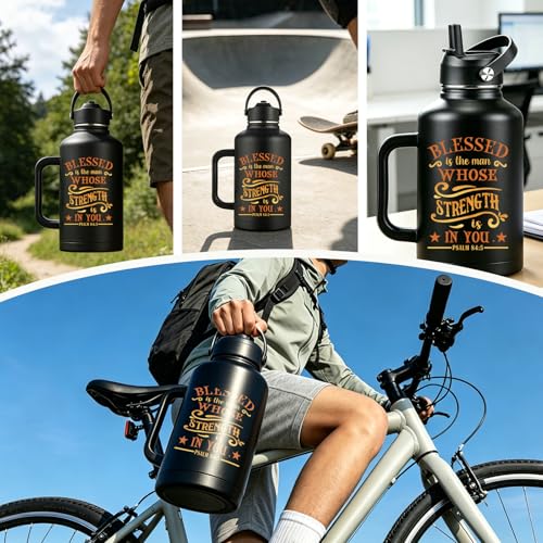 Christian Art Gifts for Men Women 64 oz Water Bottle Insulated with Straw and Handle Jesus Gift Mug Double Wall Vacuum Travel Tumbler Coffee Mug Religious Gifts - Blessed Is The Man - Psalm 84:5 - color: Christian-1