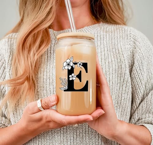 Monogrammed Initial Glass Cup Personalized Gifts for Women 16oz Initial Letter Glass Cups w/Lids Straws Birthday Valentine Mothers Day Gift for Her, E - color: Letter Cup-E