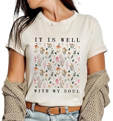 Christian Shirts for Women Vintage Bible Verse Boho Wildflowers Shirts Floral Graphic Jesus Tees - color: Sand-1, size: Medium
