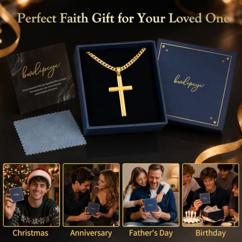 Sterling Silver Beveled Edge Cross Necklace for Men Women, S925 Cross Pendant with 5mm Cuban Chain, Non Tarnish Durable Stainless Steel Necklace, Silver Religious Jewelry, 16-30 Inch - color: Gold Cross Necklace, size: 18 in=46 cm