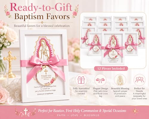 12 Pcs Virgen de Guadalupe First Communion Favors for Guests, Pink Our Lady of Guadalupe Wooden Picture Frames with Satin Bows, Catholic Recuerdos de Primera Comunión, 5.79 x 7.87 in