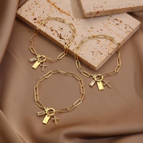 Initial Cross Charm Bracelet, 18K Gold Plated Dainty Paperclip Link Chain Bracelets for Women, Non Tarnish, A-Z Letter Bracelet Personalized Gifts Gold Jewelry for Women - color: Letter-N2