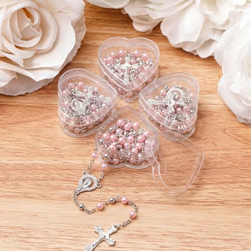 ROCEEI Catholic Rosary Necklace with Crucifix 4mm Beads - color: Pink
