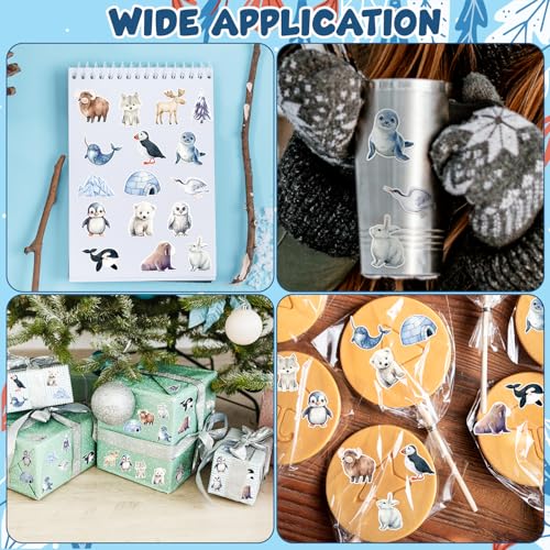 Haooryx Polar Ainimal Sticker Rolls - 1000Pcs Winter Watercolor Animal Stickers in Penguin Bear Narwhal Designs, Self-adhesive Water-resistant Art Decals for Teens Winter Holiday Party Supplies Laptop - style: Winter Polar Animal