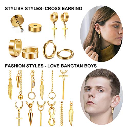 Cross Dangle Earrings for Men 20 Pieces, Stainless Steel Stud Hinged Hoop Earrings, Long Chain Kpop Earrings for Women, Black and Silver - color: Gold