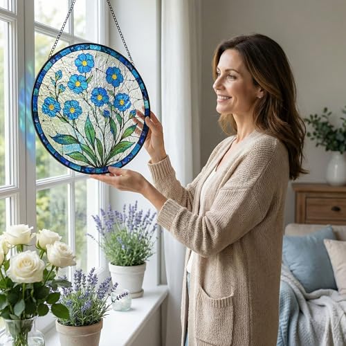 Stained Glass Window Hanging, Forget Me Not Gifts Suncatcher for Window Decor, Handcrafted Stain Glass Decor, Plant Suncatcher Gifts for Women, Mom, Friends, Spring Home Decor(B10) - color: B10