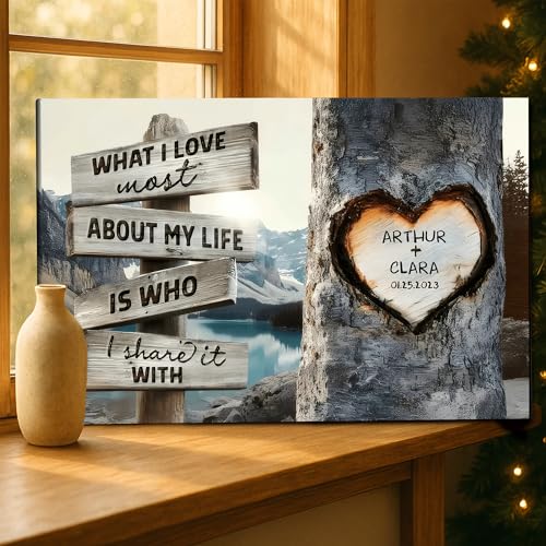 KiKiLuna Personalized “What I Love Most About My Life” Tree Canvas Wall Art with Frame, Custom Couple Names & Date, Rustic Wood Style Bedroom Wall Decor, Anniversary Wedding Valentine’s Day Gift for Husband Wife - color: Style18