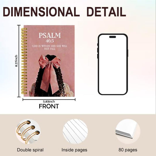 Coquette Pink Bow Christian Black Girl Notebook Journal, Prayer Journal for Black Women, African American Gifts, Psalm 46:5 Bible Spiral Hardcover Notebook for Work Study, 5.5x8.3 Inch - color: Multiple color13