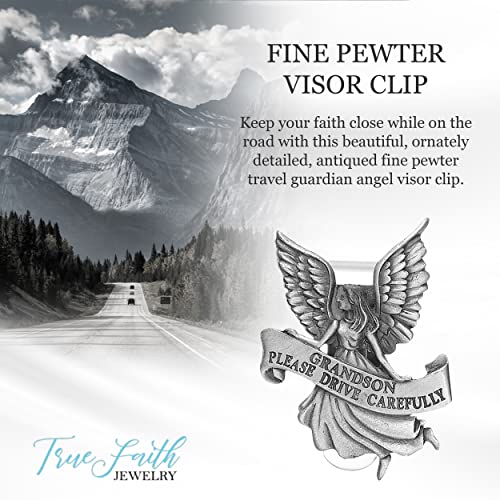 True Faith Jewelry Pewter Grandson Please Drive Carefully Car Guardian Angel Visor Clip, New Driver Gifts from Grandma and Grandpa, Fine Pewter (92% Tin), 2-1/4 x 1-5/8 Inch - size: Grandson Angel 1