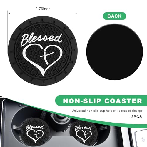 2 PCS Car Cup Holder Coaster, 2.76 Inch Non-Slip Auto Drink Mats with Blessed Cross and Heart, Shockproof Christian Cup Insert Coaster for Most Vehicles, Car Accessories (Black) - color: Black
