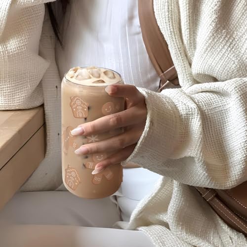 SANDJEST Gingerbread Christmas 16oz Can Glass Tumbler with Bamboo Lid & Straw - Iced Coffee Cup for Women Girls, Aesthetic Cups Gifts for Xmas - color: Christmas 2