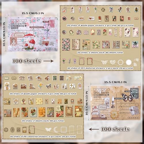 200Pcs Vintage Scrapbook Supplies, Nature Floral Stickers, Junk Journal Kit - color: Cfxs2-200ps