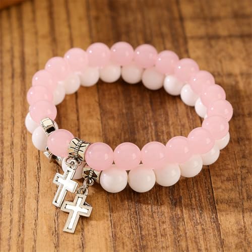 Pearl Cross Bracelet for Women Dainty Charm Hollow Cross Angel Pendant Bracelet Hanmade Elastic force Adjustable Christian Bracelet Religious Beaded Bracelets Catholic First 1st Communion Easter Gifts - color: White Pink