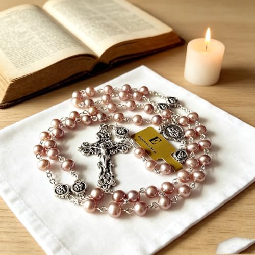 elegantmedical Handmade AAA6MM White Real Pearl Beads Catholic Our Lady Grace Rosary Cross Necklace Box case Womens Girls Gifts - color: Purple