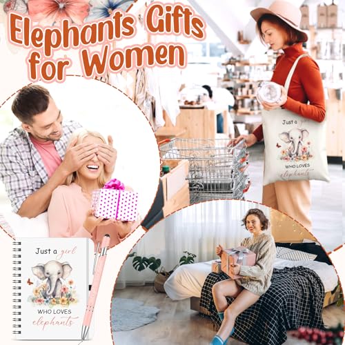 Kinlop 5 Pcs Elephant Pattern Gifts for Women Include Just a Girl Who Loves Elephants Tote Bag Canvas Cosmetic Bag Coil Notebook Keychain and Ballpoint Pen for Women Girls - color: Pink, style: Elephant