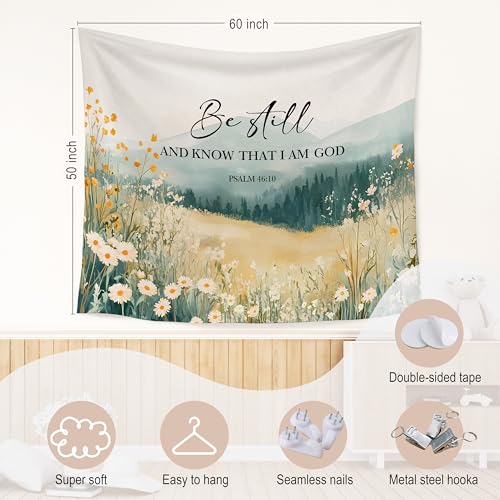 WARDOS Floral Christian Tapestry, Be Still and Know That I Am God Christian Tapestry Wall Hanging, Religious Bible Verse Wall Blanket Decor for Home Living Room Prayer Room Bedroom, 50x60 Inch - color: flower two