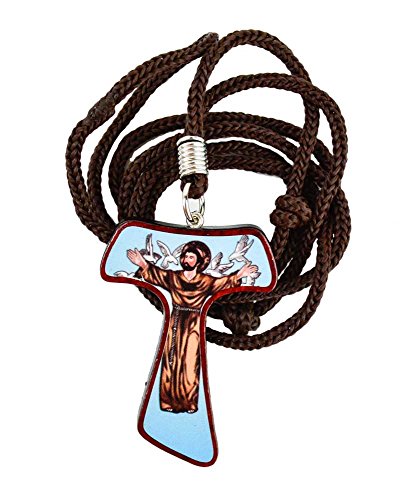 Catholica Shop Saint Francis Wooden Tau Cross Rope Necklace - 1.6 Inch - style: Color Picture
