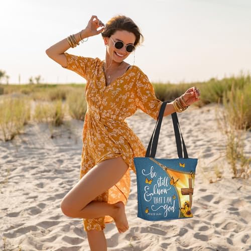 Women's Canvas Tote Bag with Zipper, Large Capacity Shoulder Bag for Work, Travel & Daily Use, Gifts for Mom - color: Be Still and Know That I Am God