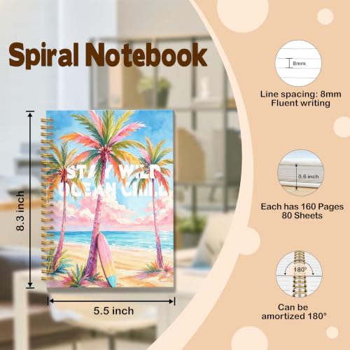 JMICTUB Pastel Summer Beach Coastal Spiral Notebook 5.5x8.3, Tropical Ocean Surfboard Palm Tree Hardcover Lined Journal for Kids - color: Spiral notebook-11